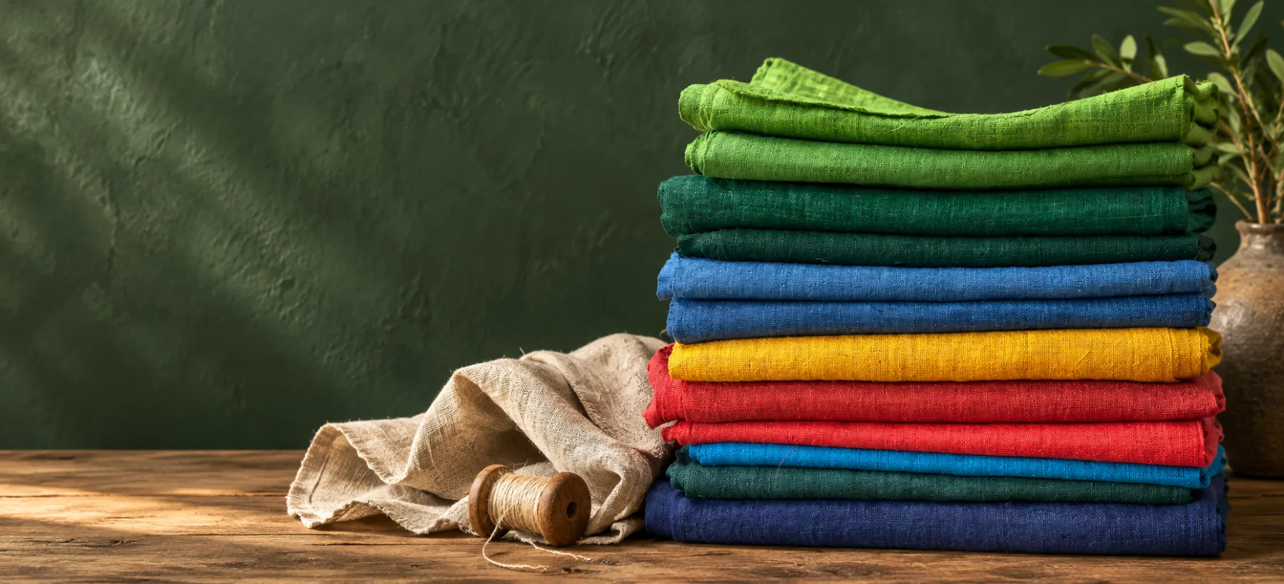 A stack of colourful woven hemp fabrics on a wooden table