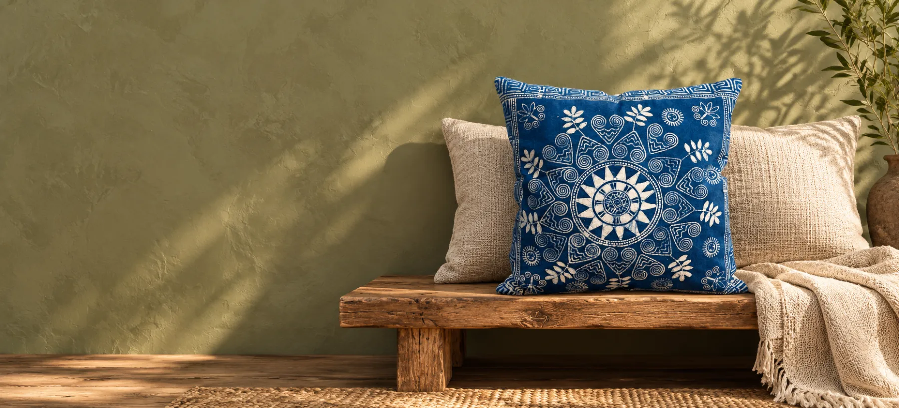Indigo batik cushion and natural hemp cushions on a wooden bench