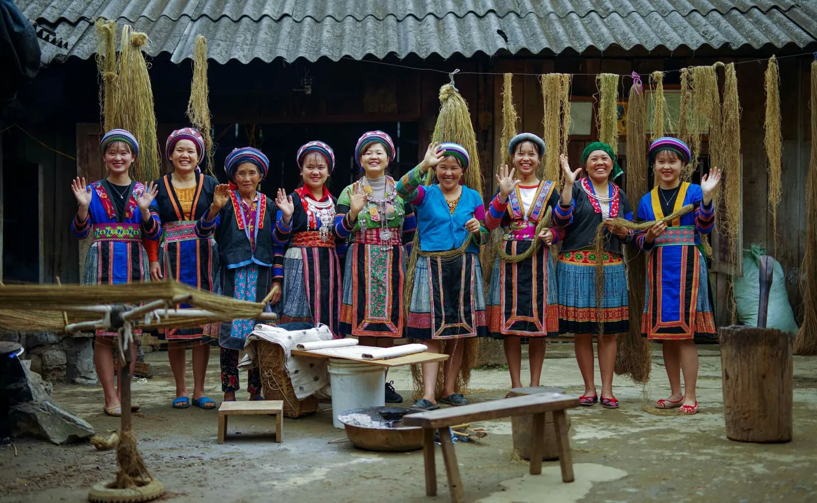 Vietnamese artisans gathered together in traditional clothing